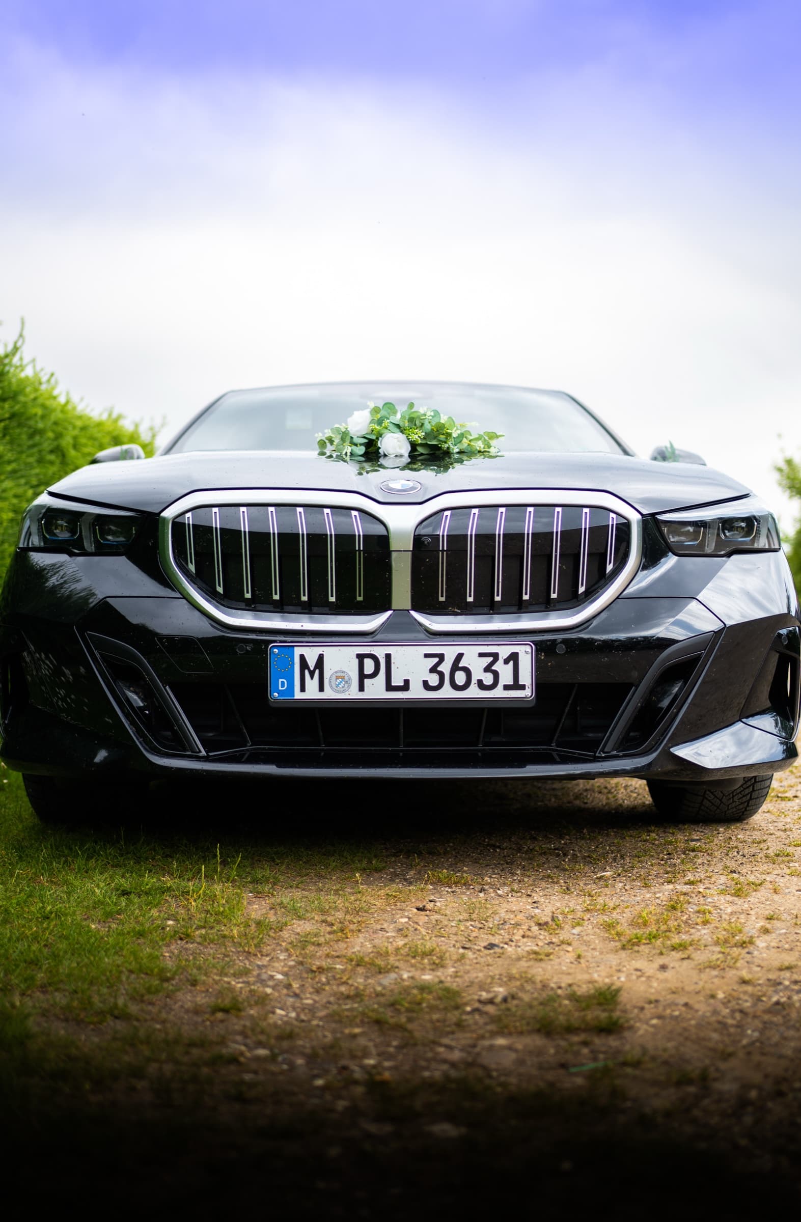 Wedding car front-on, white roses on the bonnet under a pastel summer sky